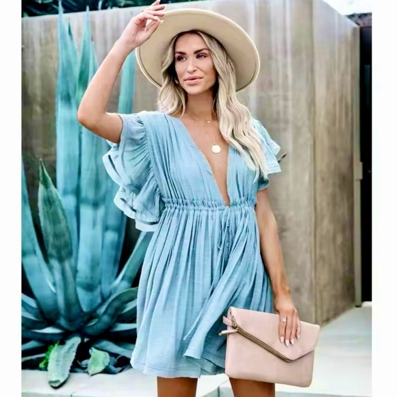 Boho chic Open-back Mini Dress Single-breasted Drawstring Bamboo Tunic Top OS - Picture 2 of 5